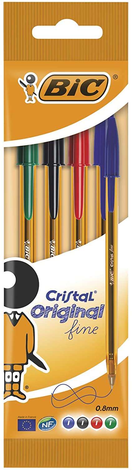 Bic Cristal Original Fine Pack de 4 Boligrafos de Bola - Punta Redonda de 0.8mm - Trazo de 0.30mm -