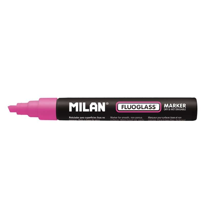 Milan Fluoglass Rotulador Superficies Lisas - Punta Biselada - Trazo de 2 - 4mm - Tinta al Agua - Borrado Facil - Color Rosa - Cantidad: 12