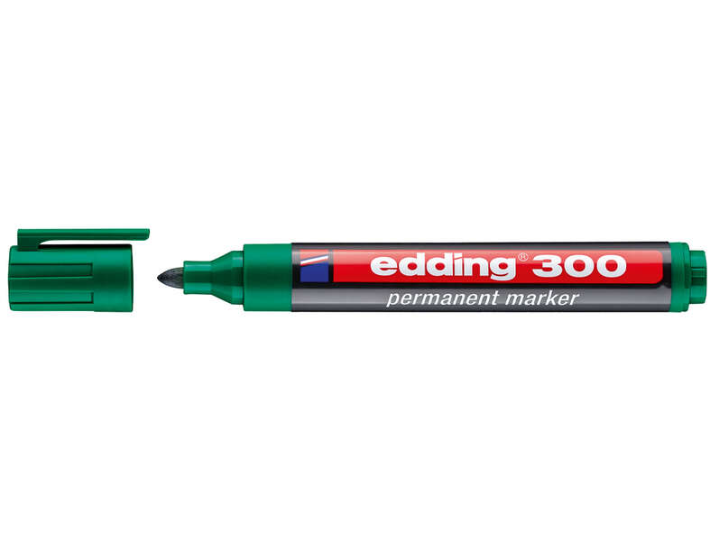 Edding 300 Rotulador Permanente - Punta Redonda - Trazo entre 1.5 y 3 mm. - Tinta Casi Inodora - Capuchon con Clip - Secado Rapido - Color Verde - Cantidad: 10