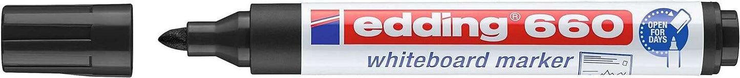 Edding 660 Rotulador para Pizarra Blanca - Punta Redonda - Trazo entre 1.5 y 3 mm. - Tinta Pigmentada - Recargable - Borrable en Seco - Color Negro - Cantidad: 10