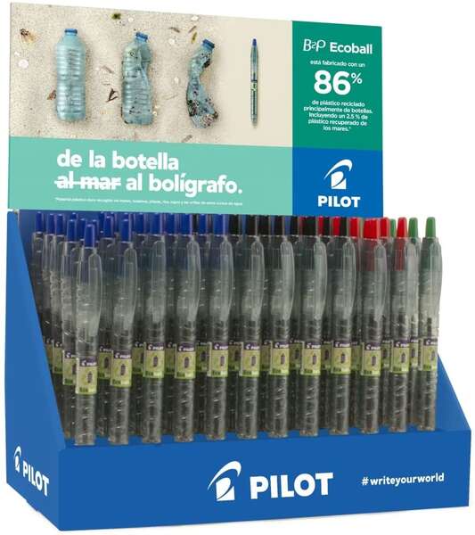 Pilot Expositor 60 Boligrafos de Bola Retractiles B2P Ecoball BeGreen + 10 B2P Gel BeGreen - 86,64% de Plastico Reciclado - Recargable - Colores surtidos