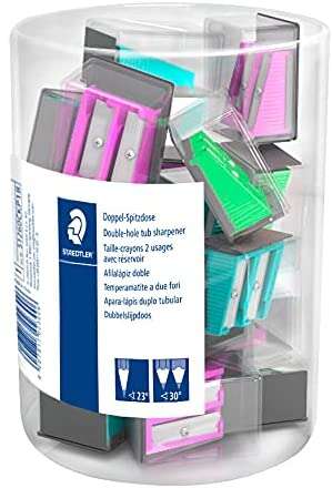 Staedtler Expositor con 18 Sacapuntas de Plastico - 2 Agujeros - Angulo de Afilado 23° y 30° - Colores Surtidos