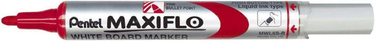 Pentel Maxiflo Rotulador para Pizarra Blanca - Regulacion del Flujo de Tinta - Punta de Bala - Ancho de Linea 2mm - 50% de Materiales Reciclados - Color Rojo - Cantidad: 12