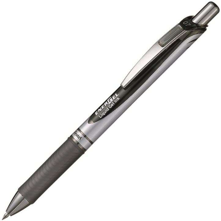 Pentel Energel Boligrafo de Bola Retractil - Punta 0.7mm - Trazo 0.35mm - Tinta Gel - Recargable - Grip de Agarre - Clip de Metal - 50% de Materiales Reciclados - Color Negro - Cantidad: 12