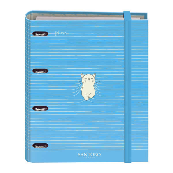 Dohe Santoro Felines Carpeta de 4 Anillas Formato A4 con Recambio de 100 Hojas - 4 Separadores de Colores - Cierre con Goma Elastica - Anillas de 35mm