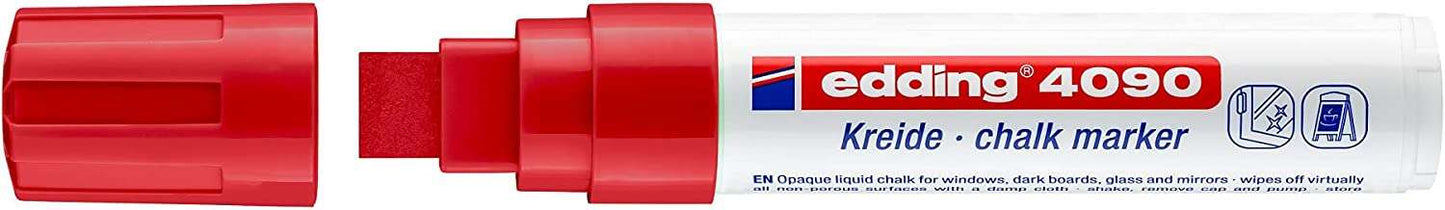 Edding 4090 Rotulador de Tiza Liquida - Punta Biselada - Trazo entre 4 y 15mm - Olor Neutro - Color Rojo - Cantidad: 5