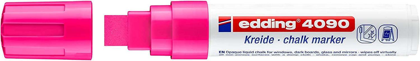Edding 4090 Rotulador de Tiza Liquida - Punta Biselada - Trazo entre 4 y 15mm - Olor Neutro - Color Rosa Neon - Cantidad: 5