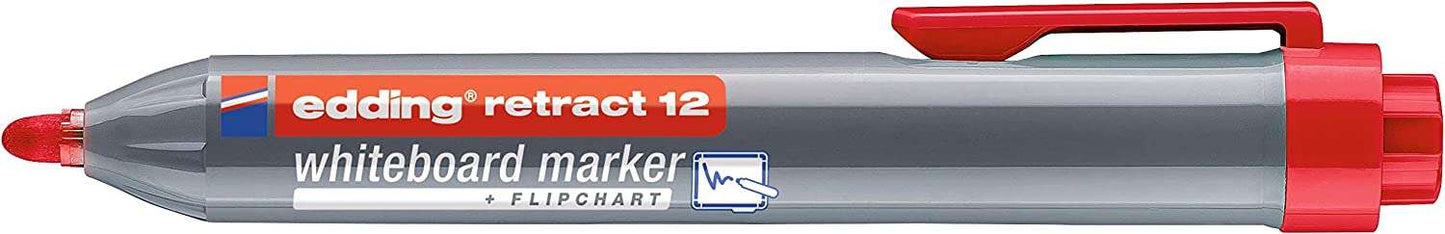 Edding Retract 12 Rotulador para Pizarra Blanca Retractil - Punta Redonda - Trazo entre 1.5 y 3mm - Recargable - Secado Rapido - Color Rojo - Cantidad: 10