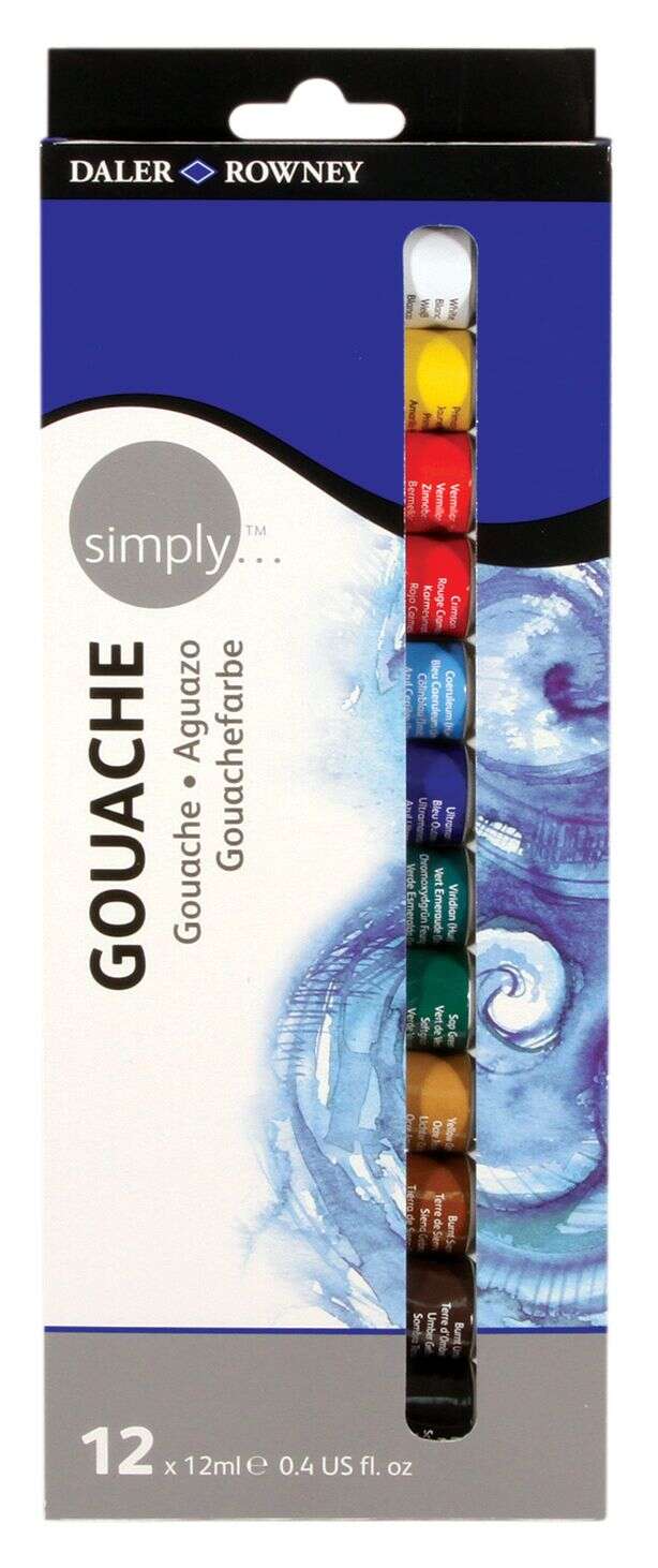 Daler Rowney Simply Pack de 12 Pinturas Acrilicas Gouache - Secado Rapido - Base de Agua - Optima Cobertura - 12ml - Colores Surtidos
