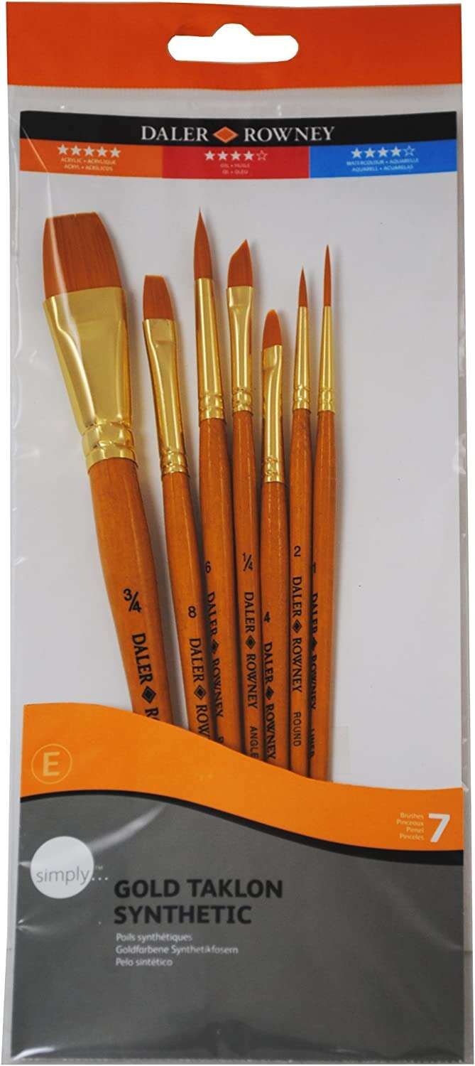 Daler Rowney Simply Pack de 7 Pinceles Sinteticos - Diseño Ergonomico - Oro Taklon - Color Naranja