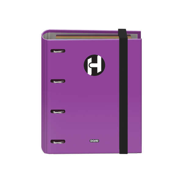 Dohe Serie Icon Carpeta de 4 Anillas Formato A5 con Recambio de 100 Hojas de 90 gr y 4 Taladros - Cierre con Goma Elastica - Anillas de 25mm - Color Morado