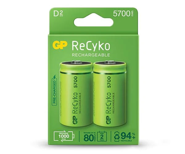 GP ReCyko Pack de 2 Pilas Recargables 5700mAh D 1.2V - Precargadas - Ciclo de Vida: Hasta 1000 Veces