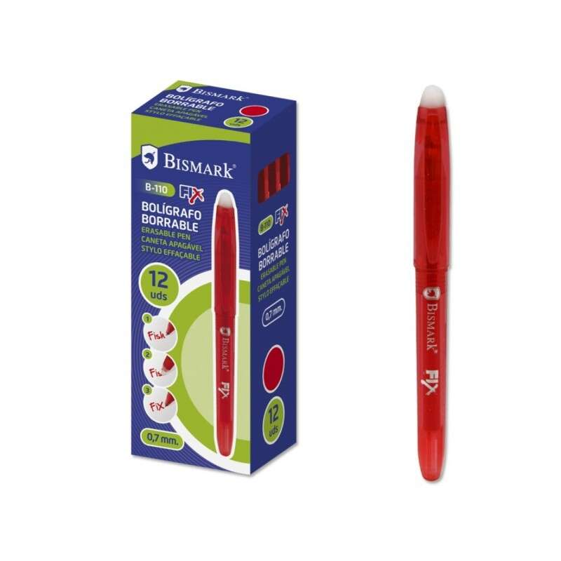 Bismark Fix Boligrafo Borrable - Punta Fina 0.7mm - Con Capuchon - Color Rojo - Cantidad: 12