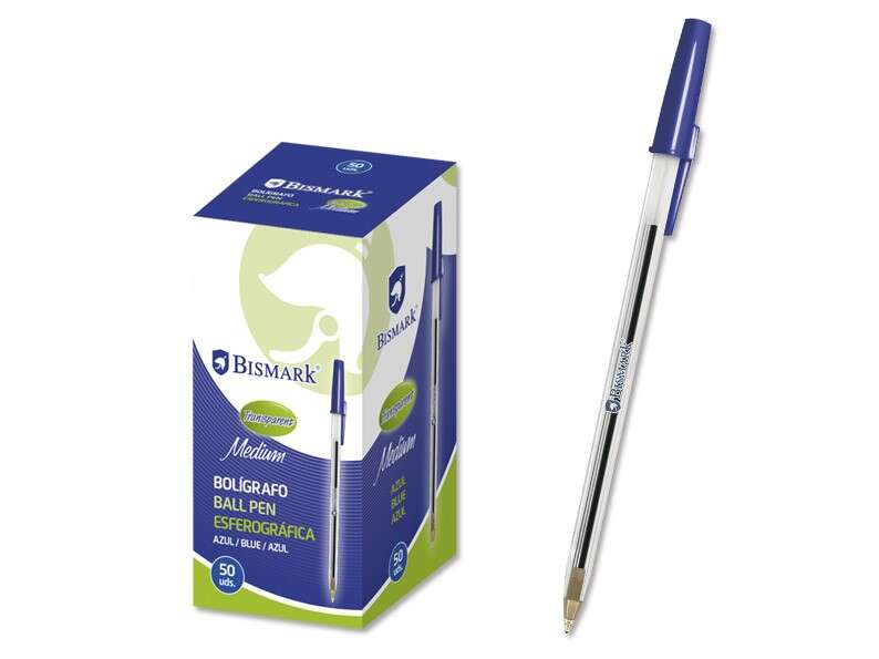 Bismark Boligrafo de Bola - Punta Redonda - Capuchon y Tapon del Color de la Tinta - Color Azul - Cantidad: 50