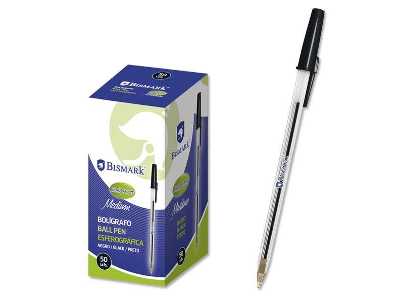 Bismark Boligrafo de Bola - Punta Redonda - Capuchon y Tapon del Color de la Tinta - Color Negro - Cantidad: 50