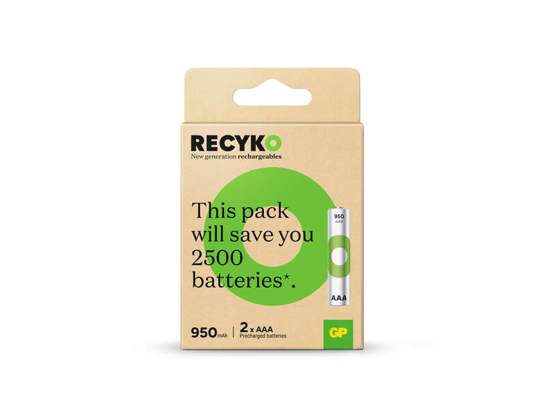 GP ReCyko Pack de 2 Pilas Recargables 950mAh AAA 1.2V - Precargadas - Ciclo de Vida: Hasta 1.000 Veces