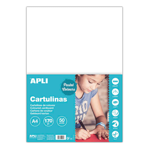 Apli Pack de 50 Cartulinas A4 170g - Libre de Acidos - Aptas para Uso Escolar - Color Blanco