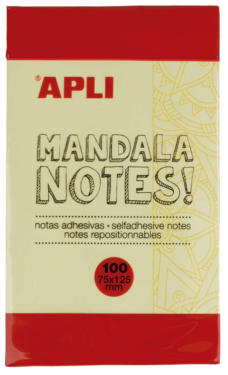 Apli Notas Adhesivas Mandala 125x75mm - 100 Hojas - Diseño Mandala - Adhesivo de Calidad - Amarillo