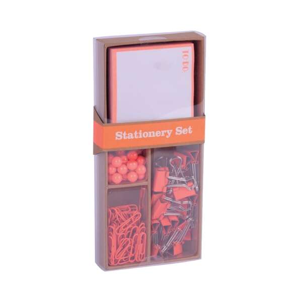 Apli Fluor Collection Set de Oficina - 25 Pins, 80 Clips de 28mm, 20 Pinzas Abatibles de 19mm y Notas Adhesivas de 100 Hojas en Naranja Fluor - Diseño Moderno y Llamativo - Producto Reposicionable para Expositor 17684