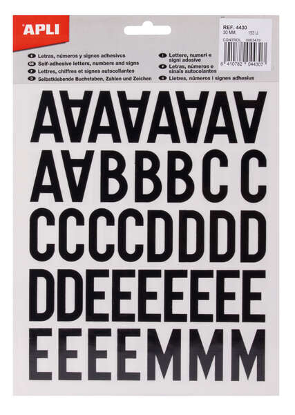 Apli Letras Adhesivas de Palo Mayusculas - Altura 30mm - Color Negro - Pack de 4 Hojas con 153 Letras