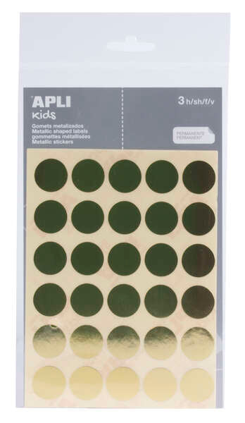 Apli Pack de 90 Gomets Redondos Ø 20mm - Adhesivo Permanente - Ideal para Escuelas Infantiles y Colegios - Color Oro