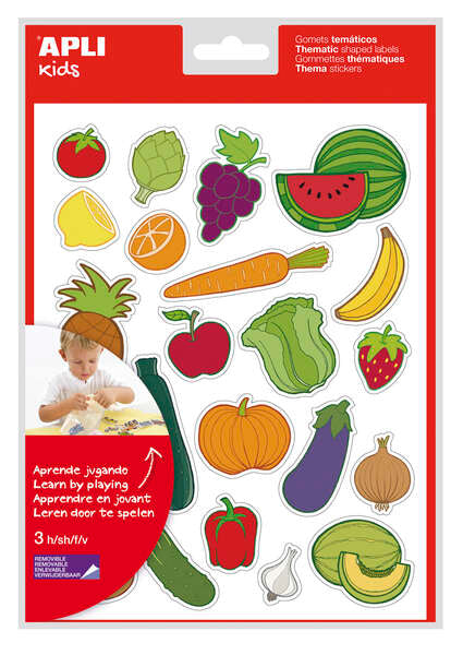 Apli Bolsa de Gomets Tematicos Frutas y Verduras - 69 Gomets - Adhesivo Removible - Ilustraciones Divertidas - Adhesivo Base Agua - Libre de Disolventes - Coloridos