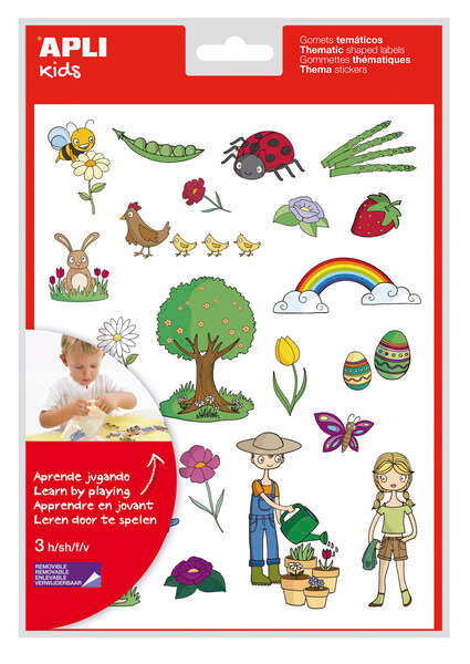 Apli Bolsa de Gomets Tematicos la Primavera - 66 Gomets en 3 Hojas - Adhesivo Removible - Ilustraciones Educativas - Adhesivo Base Agua - Libre de Disolventes - Coloridos