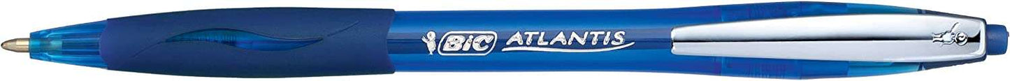 Bic Atlantis Soft Boligrafo Retractil con Clip Metalico - Punta de 1mm - Cuerpo Transparente con Grip - Color Azul - Cantidad: 12