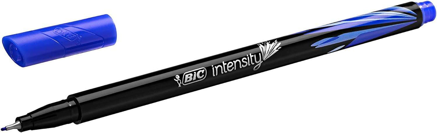 Bic Intensity Fine Rotulador de Punta Fina de 0.8mm - Trazo de 0.4mm - Tinta con Base de Agua - Color Azul - Cantidad: 12