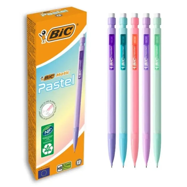 Bic Matic Pastel Portaminas 0.7mm HB con Goma - Punta Retractil - Cuerpo de Colores Pastel Surtidos - Cantidad: 12