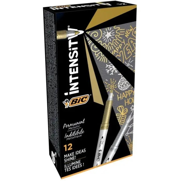 Bic Intensity Metallic Rotulador Permanente - Punta Media 1.8mm - Trazo 0.8mm - Grip Texturizado - Color Oro y Plata - Cantidad: 12