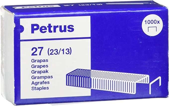 Petrus Caja de 1000 Grapas 23/13 Cobreadas - Hasta 100 Hojas - Patilla de 13mm