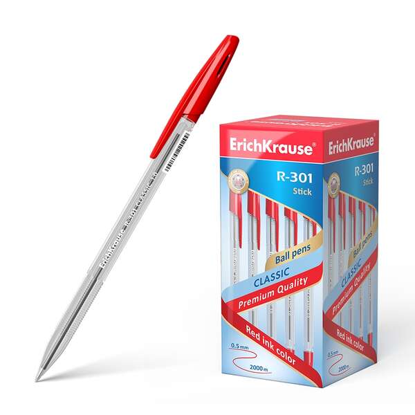 Erichkrause R-301 Boligrafo de Bola Punta 1.0mm - Trazo 0.5mm - Tinta de Secado Rapido - Cuerpo Transparente - Capuchon Ventilado - Color Rojo - Cantidad: 50