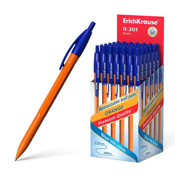 Erichkrause R-301 Naranja Matic Boligrafo Retractil Punta 0.7mm - Cuerpo Hexagonal Opaco - Tinta de Secado Rapido - Color Azul - Cantidad: 50