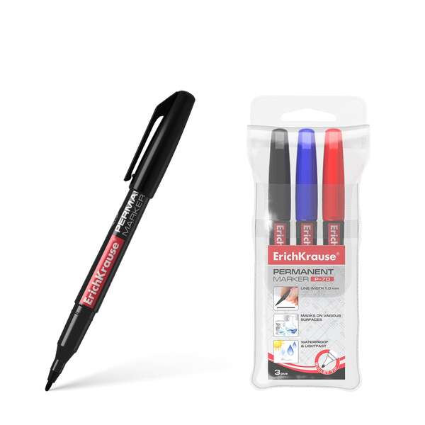 Erichkrause Pack de 3 Marcadores Permanente P-70 - Punta de Bala de 1.0mm - Resistente al Agua y a L