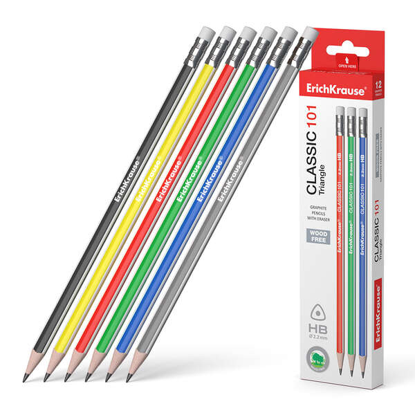 Erichkrause Classic 101 Lapiz de Grafito Plastico HB Triangular con Goma de Borrar - Colores Surtido