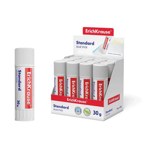 Erichkrause Standard Pegamento en Barra 30gr - Pegado Rapido y Confiable - Facil de Aclarar con Agua - Sin Disolventes - Apto para Papel, Carton y Fotografias - Color Blanco - Cantidad: 12