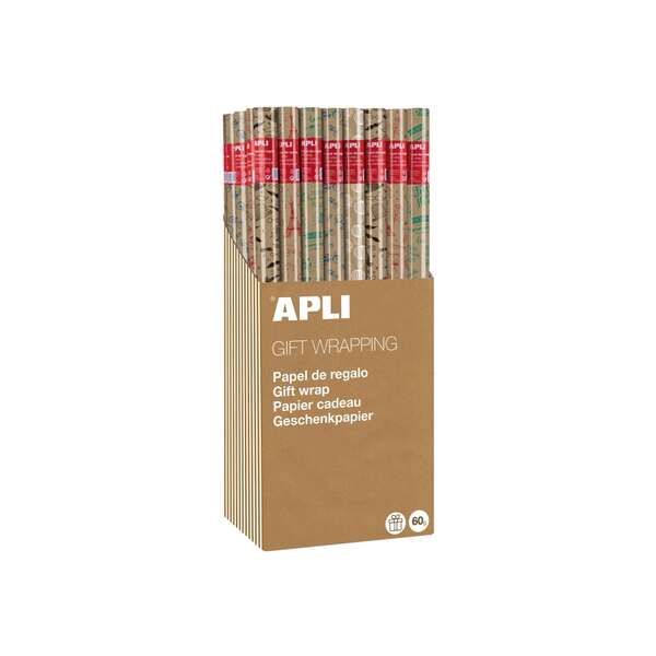 Apli Expositor de 55 Rollos de Papel Regalo Kraft Fun - 11 Rollos por Color - Medidas del Rollo 0.70x2m - 5 Diseños