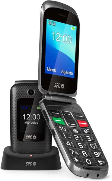 SPC Magnus Telefono Movil - Diseño de Concha - Teclas Grandes - Boton SOS - Base de Carga USB-C - Volumen de Timbre 95Db - Compatible con Audifonos - 2 Pantallas - Notificaciones Inteligentes - Llamadas Directas sin Agenda - Color Negro
