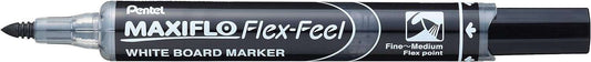 Pentel Maxiflo Flex-Feel Rotulador para Pizarra Blanca - Punta Flexible 4.6mm - Trazo de 1 a 5mm - Dosificacion de Tinta mediante Embolo - Color Negro - Cantidad: 12