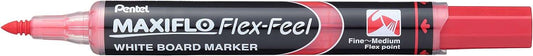 Pentel Maxiflo Flex-Feel Rotulador para Pizarra Blanca - Punta Flexible 4.6mm - Trazo de 1 a 5mm - Dosificacion de Tinta mediante Embolo - Color Rojo - Cantidad: 12