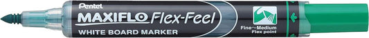 Pentel Maxiflo Flex-Feel Rotulador para Pizarra Blanca - Punta Flexible 4.6mm - Trazo de 1 a 5mm - Dosificacion de Tinta mediante Embolo - Color Verde - Cantidad: 12