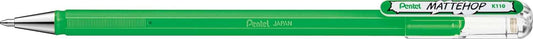 Pentel Mattehop Boligrafo de Bola - Punta 1mm - Trazo 0.5mm - Tinta de Gel Opaca - Fabricado con 55% de Materiales Reciclados - Color Verde - Cantidad: 12