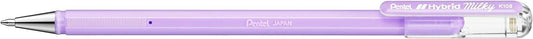 Pentel Hybrid Milky Boligrafo de Bola - Punta Fina 0.8mm - Trazo 0.4mm - Tinta de Gel Opaca - Color Violeta Pastel - Cantidad: 12