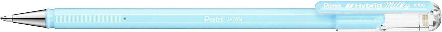 Pentel Hybrid Milky Boligrafo de Bola - Punta Fina 0.8mm - Trazo 0.4mm - Tinta de Gel Opaca - Color Azul Pastel - Cantidad: 12