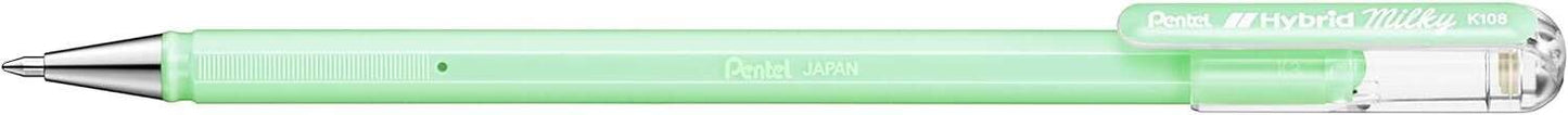 Pentel Hybrid Milky Boligrafo de Bola - Punta Fina 0.8mm - Trazo 0.4mm - Tinta de Gel Opaca - Color Verde Pastel - Cantidad: 12