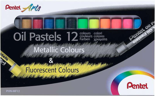 Pentel Oil Pastels Pack de 12 Pasteles Oleo - 6 Metalicos y 6 Fluorescentes - Blandos, Cremosos y de Secado Lento - Colores Metalicos y Fluorescentes Surtidos