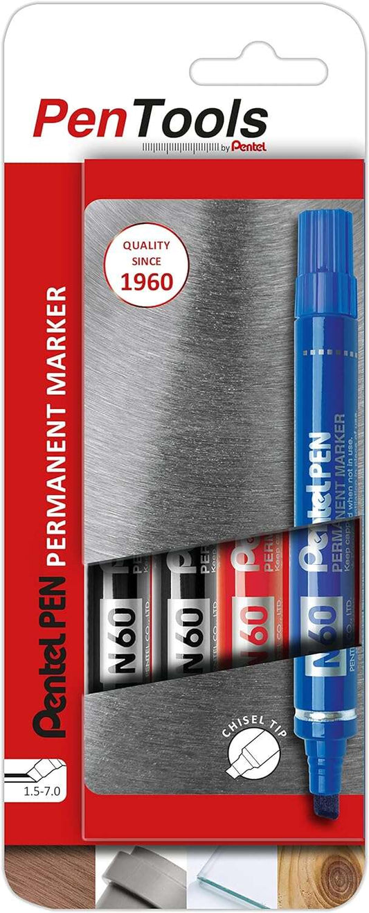 Pentel PenTools Pack de 4 Rotuladores Permanentes Industriales Pentel Pen N60 - Punta Biselada Resistente y Duradera - Trazo 1,5-7mm - Resistente a Agua y Luz - Colores 2x Negro, Azul, y Rojo