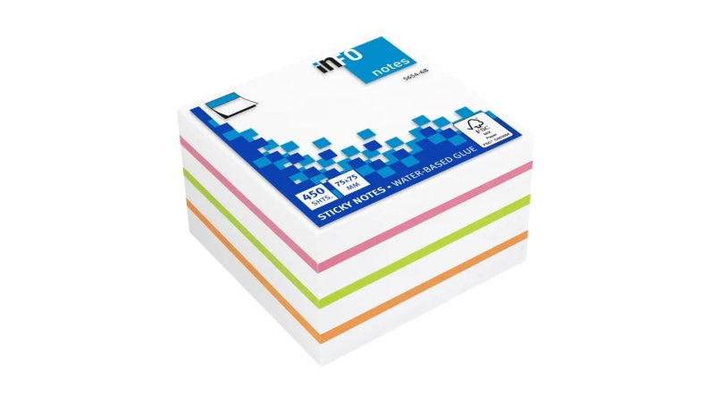 Global Notes inFO Cubo de 450 Notas Adhesivas 75 x 75mm - Certificacion FSC? - Colores Verde, Naranja, Rosa y Blanco
