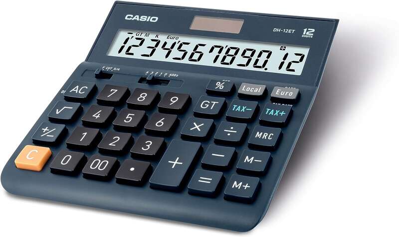 Casio DH-12ET Calculadora de Sobremesa - Pantalla Extragrande de 12 Digitos - Alimentacion Solar y Pilas - Color Azul Oscuro